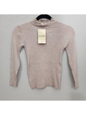 Buzz Fashion Top Ribbed Knit Long-Sleeve Ruffled Mock Neckline Beige S M New